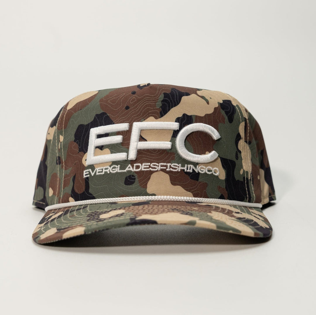 Everglades Fishing Co Highland Snapback hat with camo pattern, adjustable brim and embroidered logo on front.