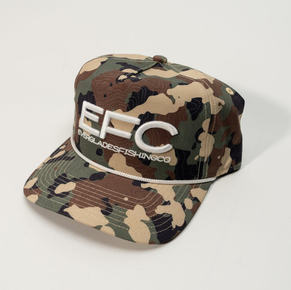 Everglades Fishing Co Highland Snapback hat with camouflage design, adjustable brim and embroidered logo.