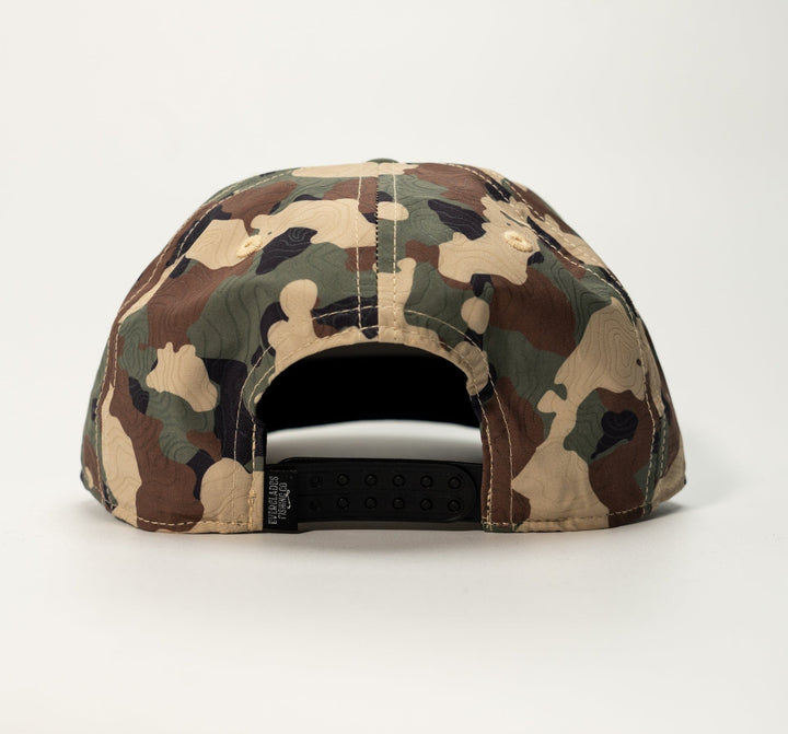 Everglades Fishing Co Highland Snapback hat with camo design, featuring a structured brim and adjustable strap.