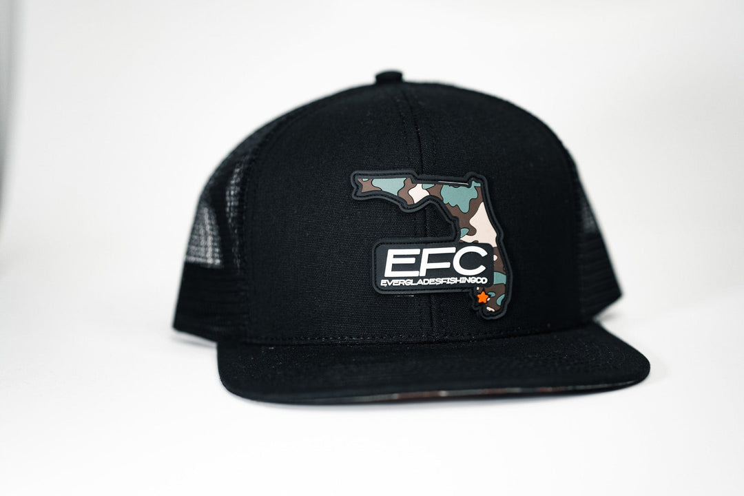 Everglades Fishing Co home state camouflage snapback hat with adjustable strap and embroidered logo on front.