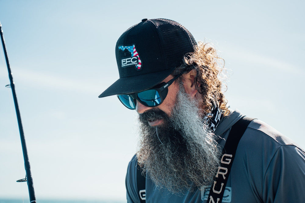 Everglades Fishing Co. Home State USA Snapback hat with embroidered logo and adjustable strap, in black and white.