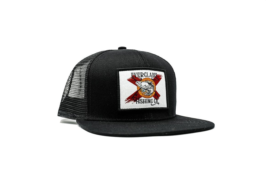 Everglades Fishing Co OG Black Snapback hat with adjustable strap and embroidered logo, front view.