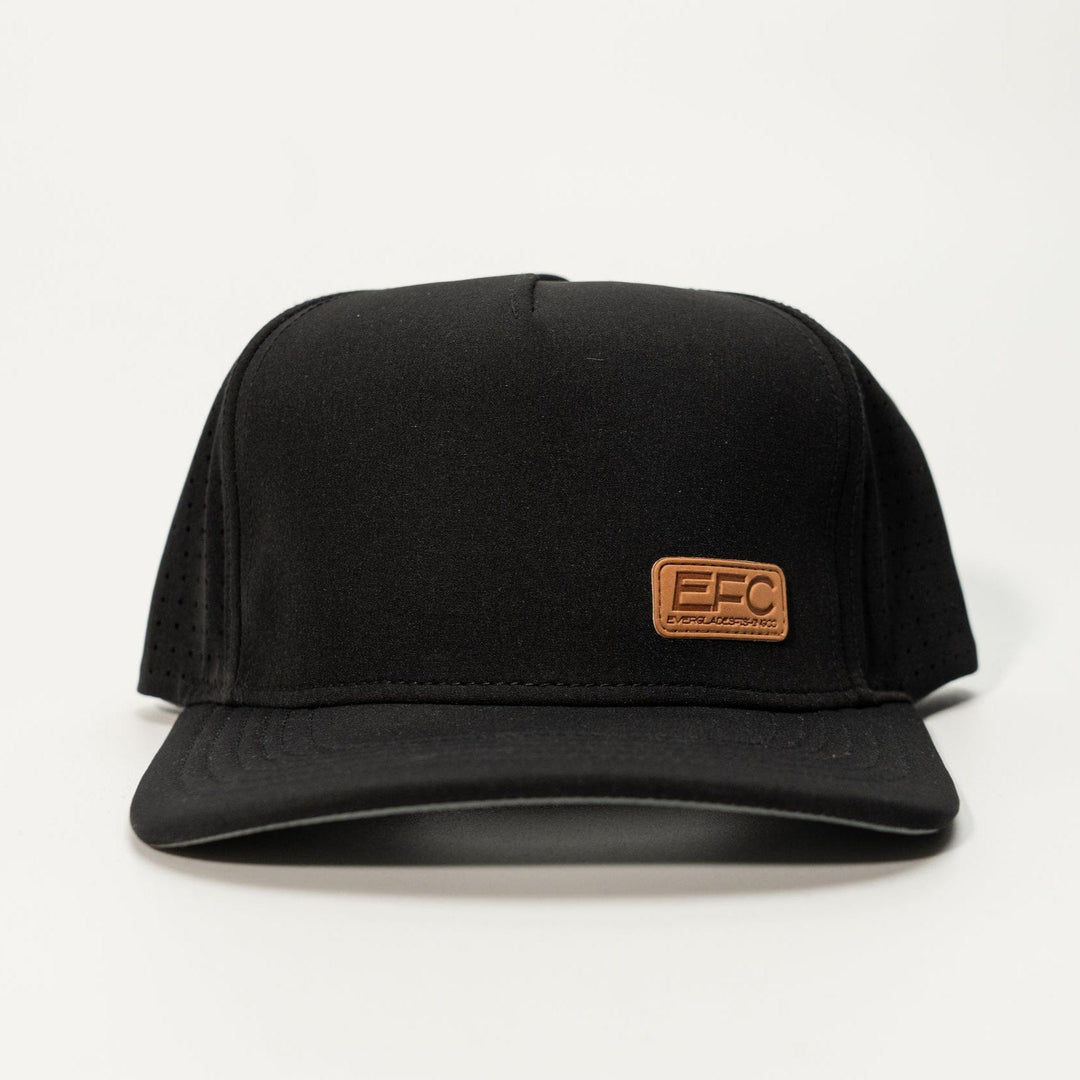 Black Picnic Snapback hat by Everglades Fishing Co with embroidered logo, adjustable strap, and flat brim.