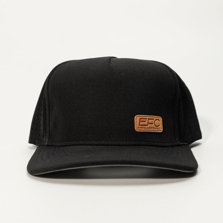 Black Picnic Snapback hat by Everglades Fishing Co with embroidered logo, adjustable strap, and flat brim.