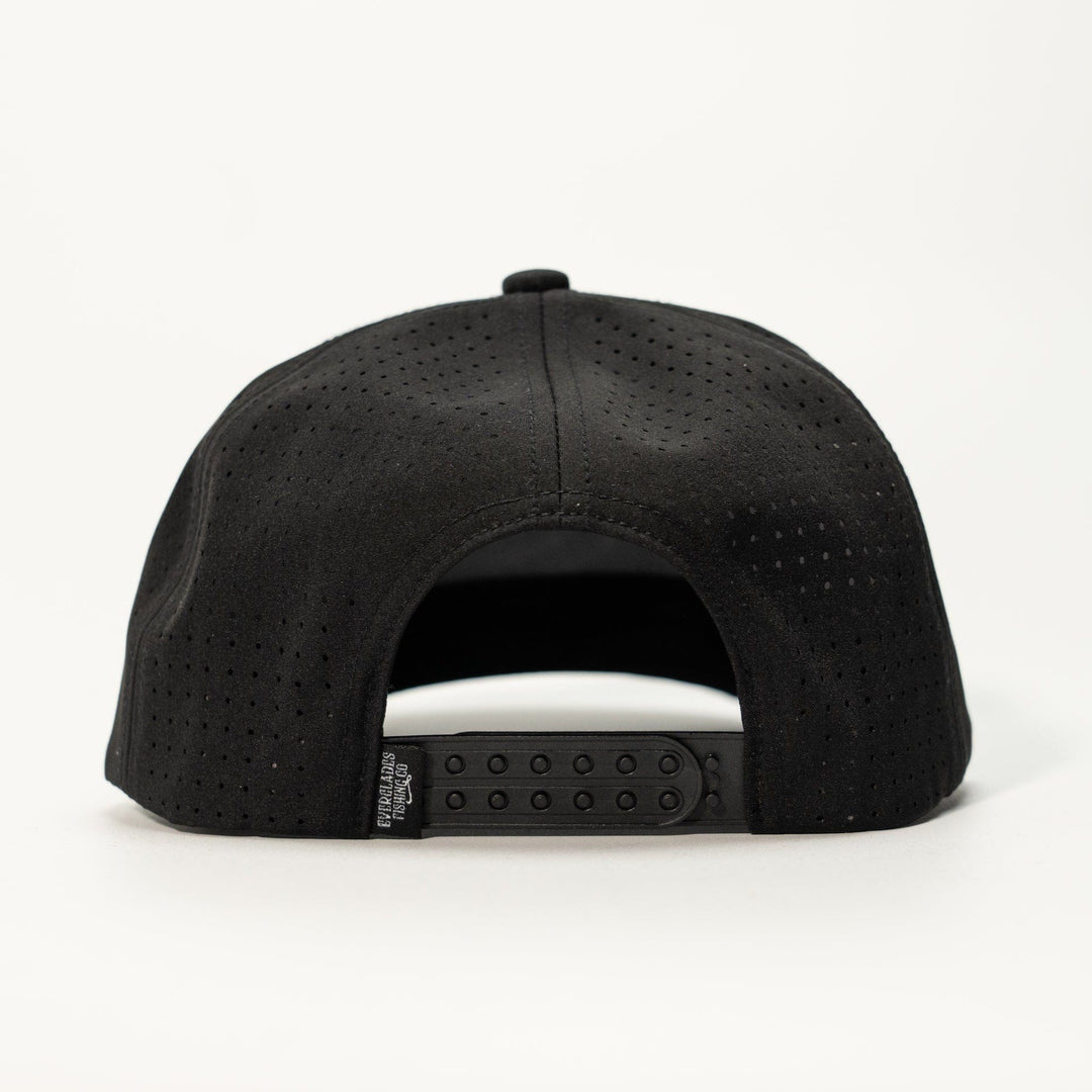 Black Picnic Snapback hat by Everglades Fishing Co featuring a flat brim and adjustable strap, casual outdoor style.