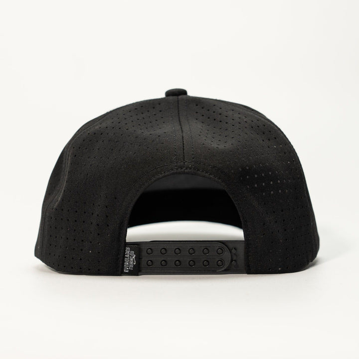 Black Picnic Snapback hat by Everglades Fishing Co featuring a flat brim and adjustable strap, casual outdoor style.