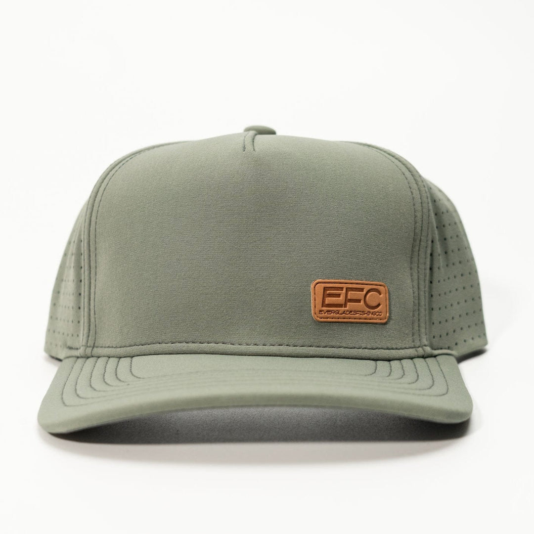 Everglades Fishing Co Picnic Snapback hat in sage green, showing the front view with adjustable strap and embroidered logo.