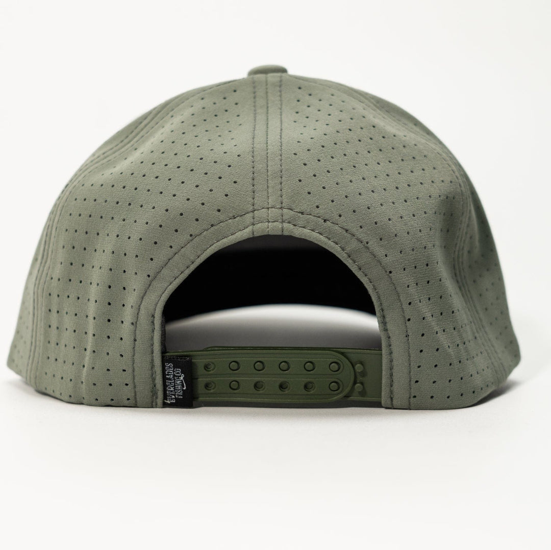 Everglades Fishing Co picnic snapback hat in sage color, showing the adjustable strap and embroidered logo on front.