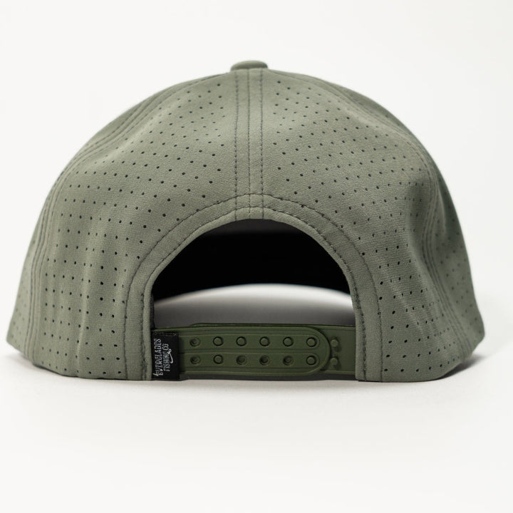 Everglades Fishing Co picnic snapback hat in sage color, showing the adjustable strap and embroidered logo on front.