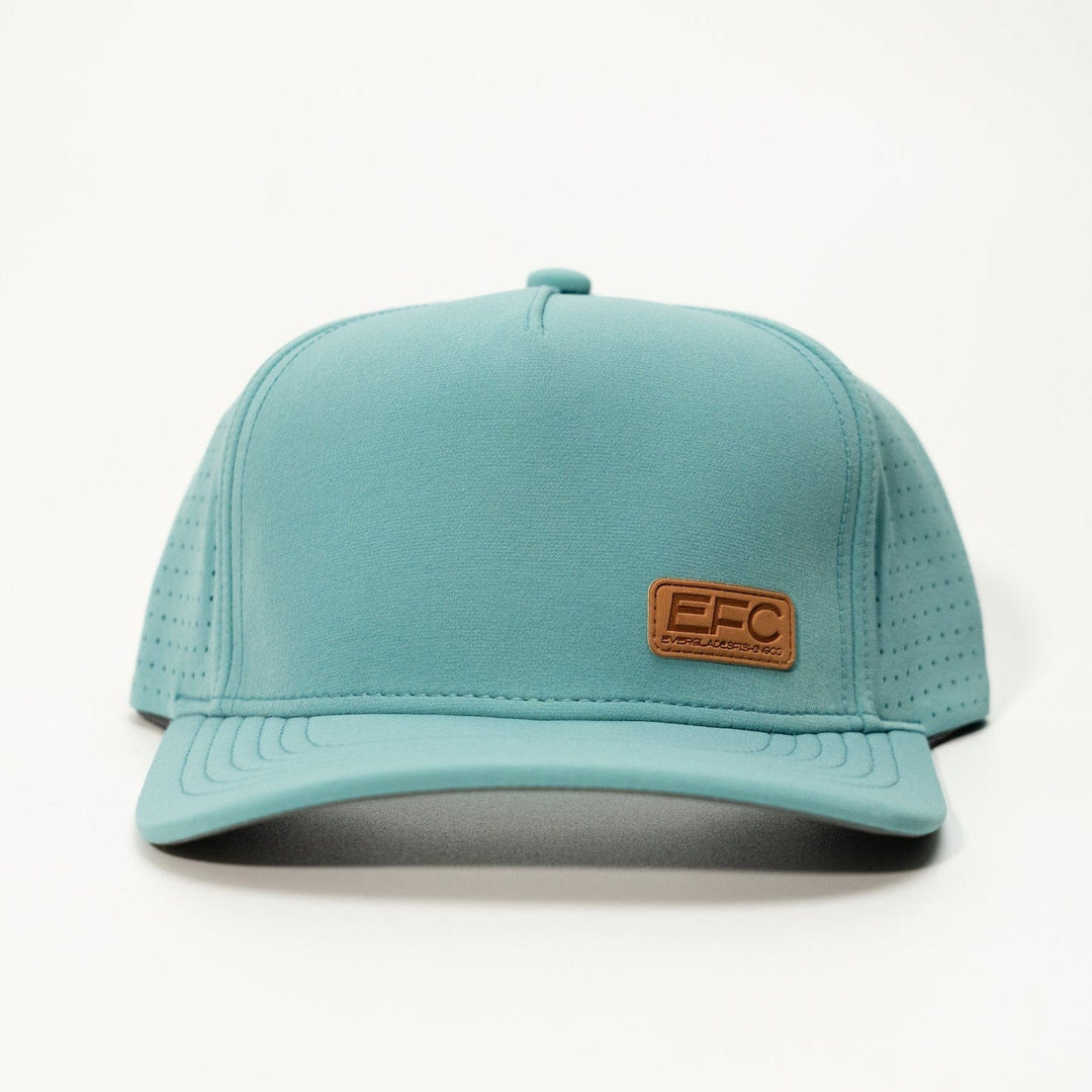 Everglades Fishing Co teal picnic snapback hat with adjustable strap and embroidered logo on front.