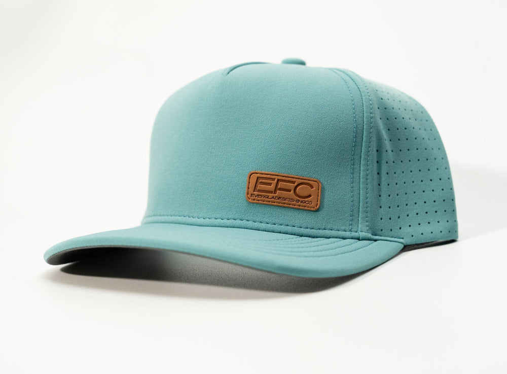 Everglades Fishing Co teal picnic snapback hat with adjustable strap and embroidered logo, shown from front view.