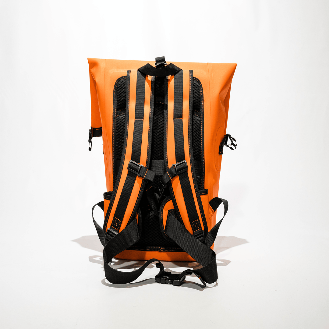 Orange 20L roll-up dry bag from Everglades Fishing Co, featuring waterproof material and roll-top closure for outdoor protection.