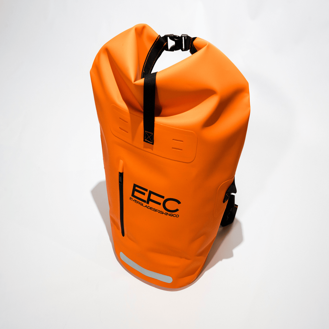 Orange 20L roll-up dry bag from Everglades Fishing Co, waterproof and compact for outdoor gear storage.