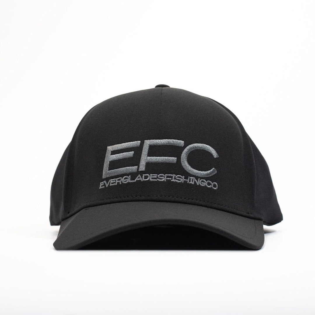 Black Performance Fitted Hat by Everglades Fishing Co, showing a close-up of the sleek, fitted cap with logo embroidery.