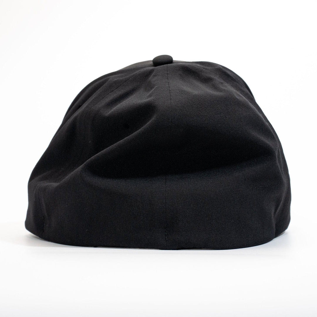 Black Performance Fitted Hat by Everglades Fishing Co, showing a close-up of the sleek, fitted cap with logo embroidery.