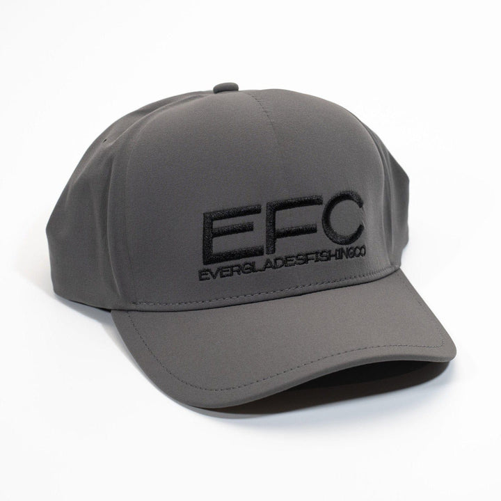 Everglades Fishing Co Performance fitted hat in gray, side flex view showing curved brim and breathable fabric.