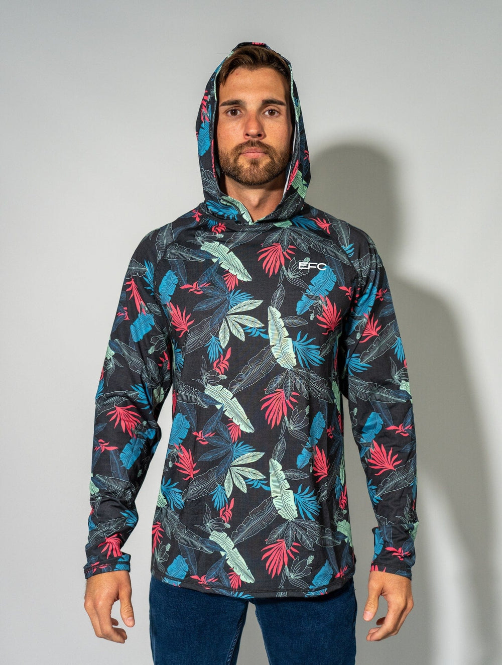 Everglades Fishing Co Stack Performance Hoodie in gray, featuring a front logo and comfortable, athletic fit for outdoor activities.