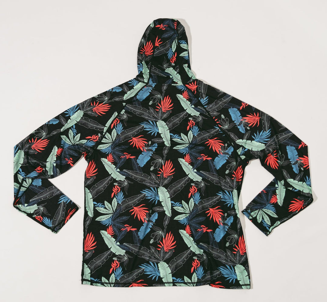 Everglades Fishing Co Stack Performance Hoodie displayed on a hanger, showcasing its sleek design and comfortable fit.