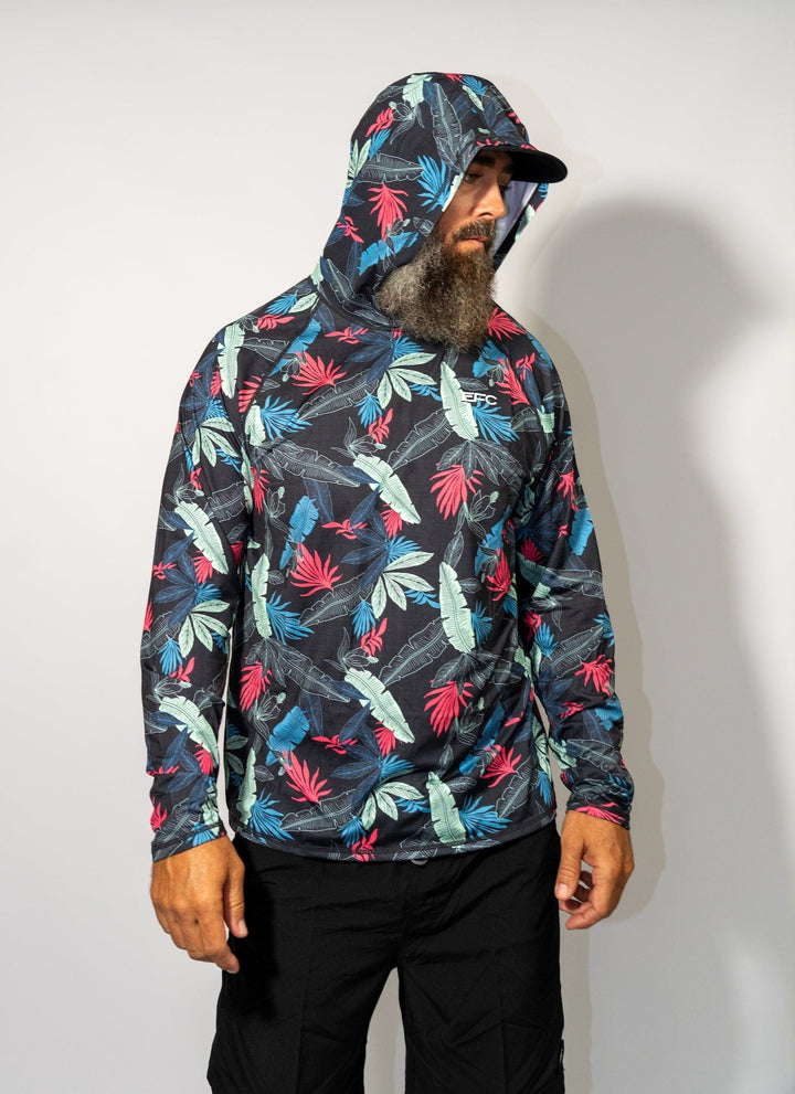 Everglades Fishing Co Stack Performance Hoodie in dark color, front view showing logo and comfortable fabric texture.