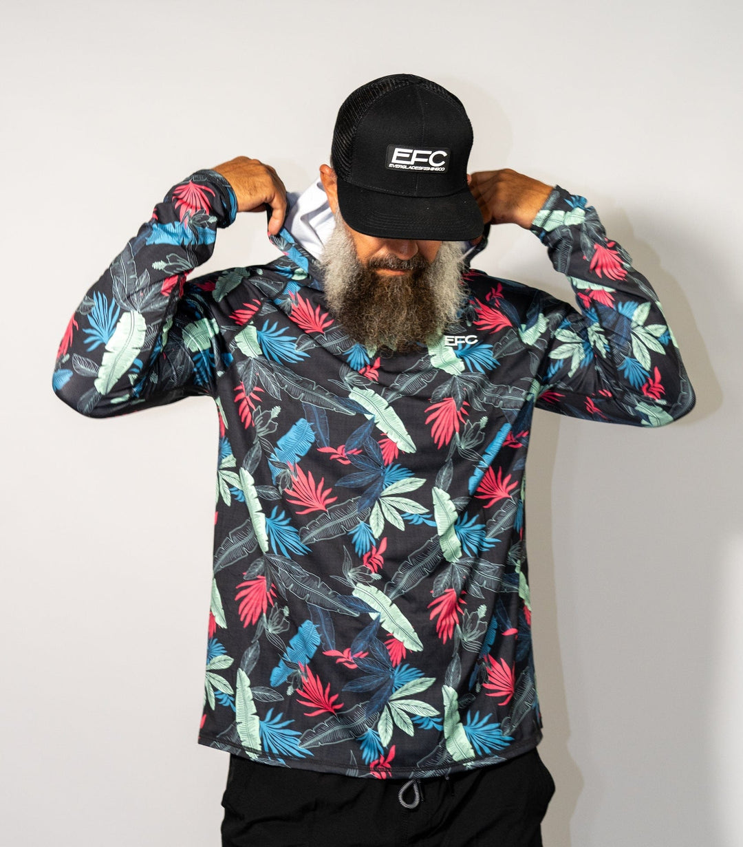 Everglades Fishing Co Stack Performance Hoodie in navy, featuring a front logo and comfortable fabric for outdoor activities.