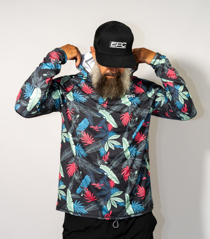 Everglades Fishing Co Stack Performance Hoodie in navy, featuring a front logo and comfortable fabric for outdoor activities.