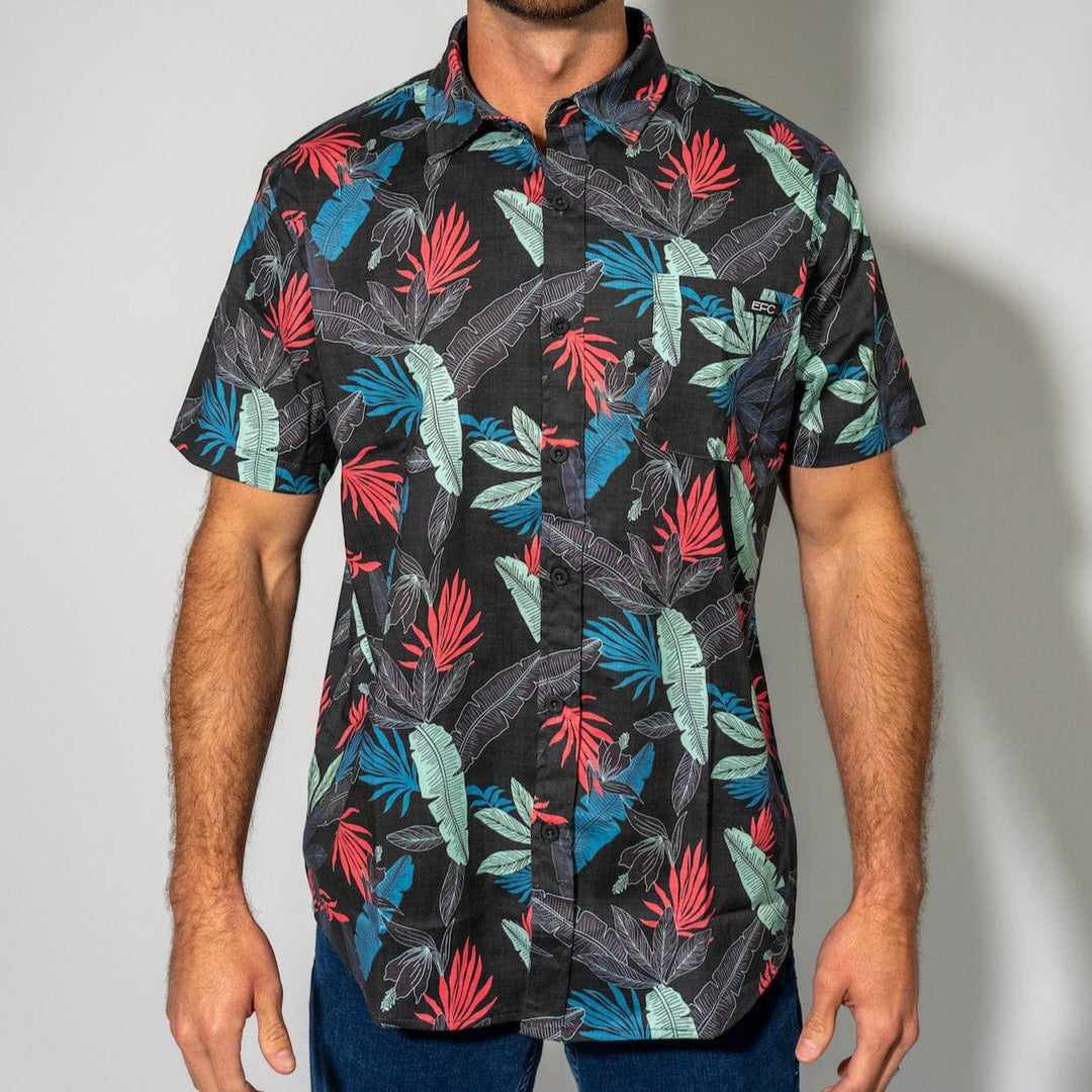 Black stack button-down shirt by Everglades Fishing Co, featuring a classic collar and button front, laid flat.