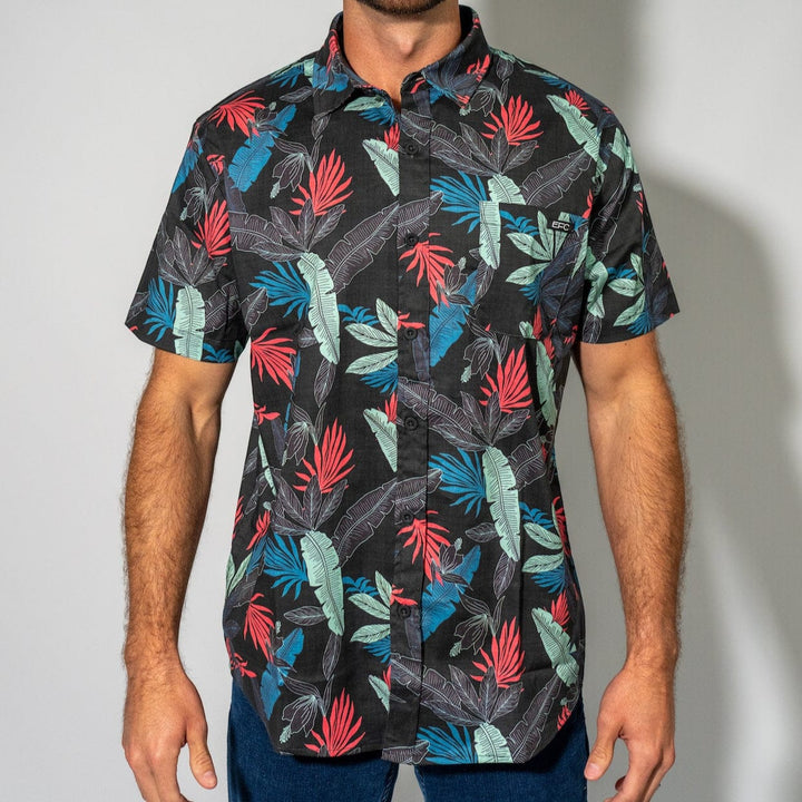 Black stack button-down shirt by Everglades Fishing Co, featuring a classic collar and button front, laid flat.
