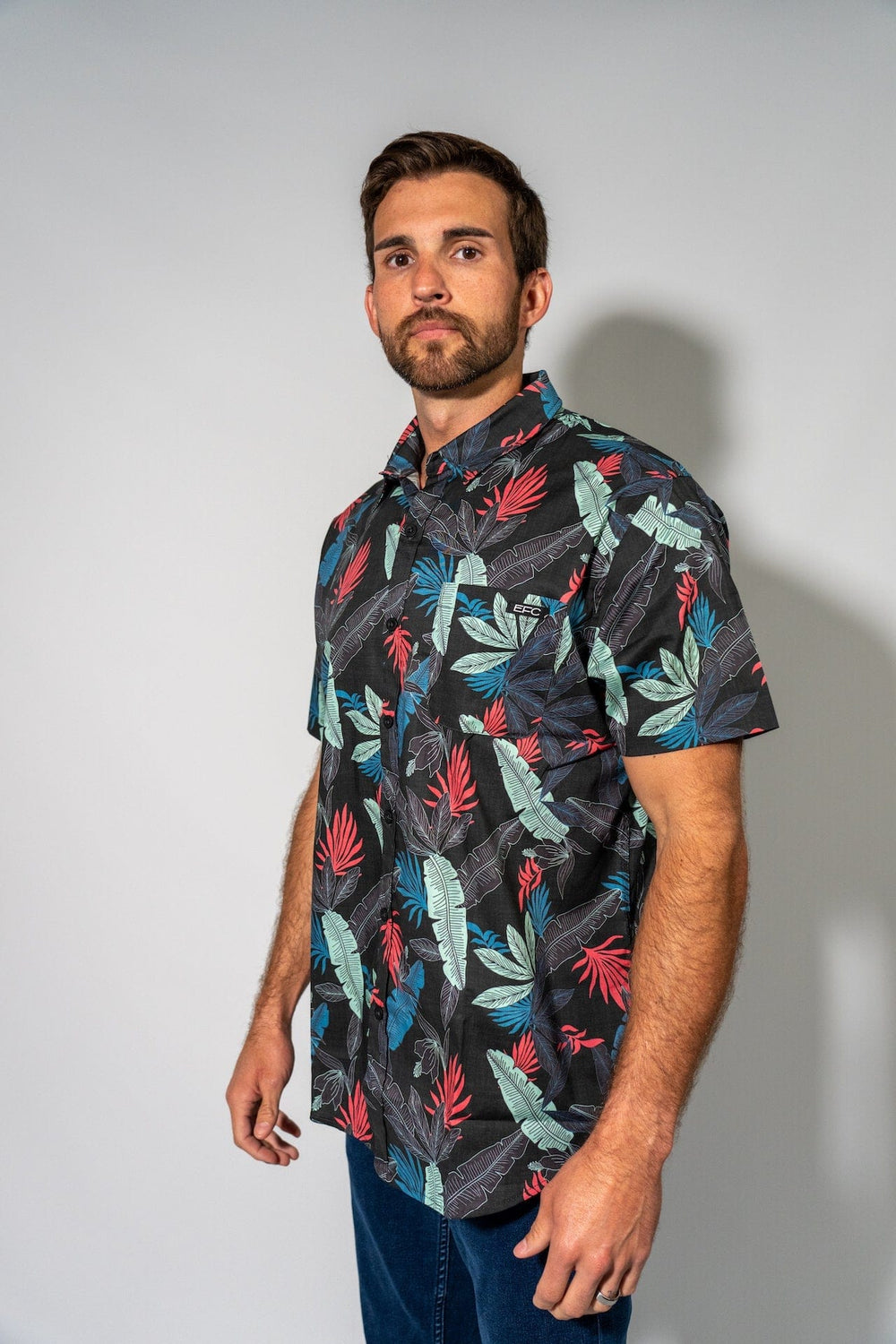 Black stack button-down shirt by Everglades Fishing Co, shown with collar and button details on a plain background.