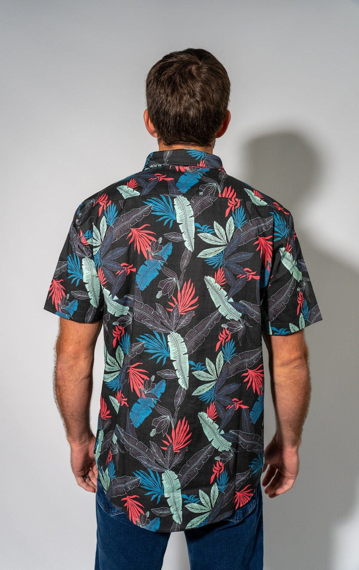Black stack button-down shirt by Everglades Fishing Co, showing the front view with buttons and collar.