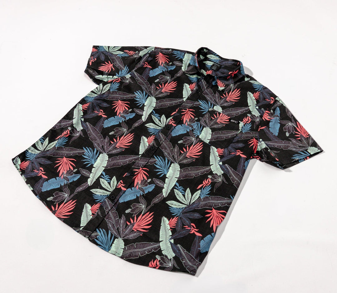 Black stack button-down shirt by Everglades Fishing Co featuring a classic design, shown on a hanger.