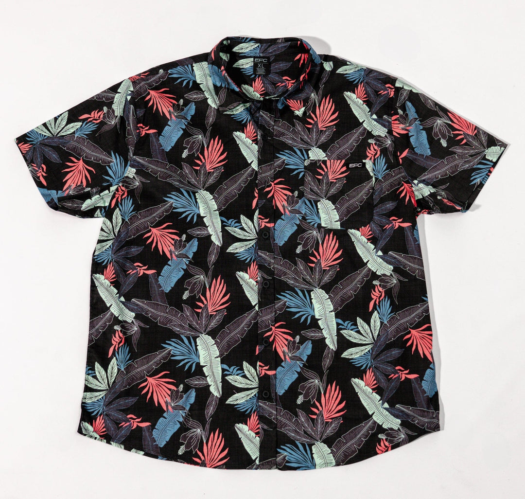 Black stack button-down shirt by Everglades Fishing Co, featuring a classic collar and long sleeves, displayed on a hanger.