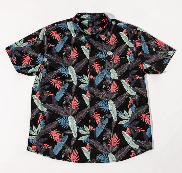 Black stack button-down shirt by Everglades Fishing Co, featuring a classic collar and long sleeves, displayed on a hanger.