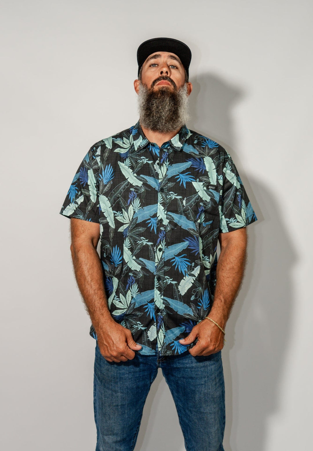 Navy stack button-down shirt by Everglades Fishing Co, casual men's shirt with front buttons and collar.