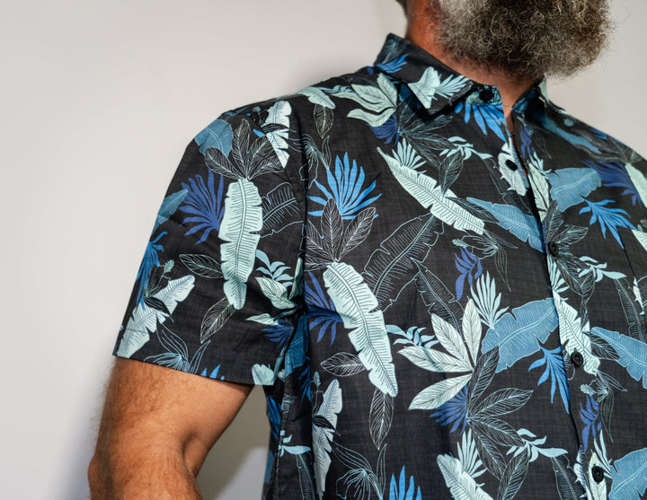 Navy Stack Button Down Shirt by Everglades Fishing Co, featuring a classic collar and button front, displayed on a hanger.