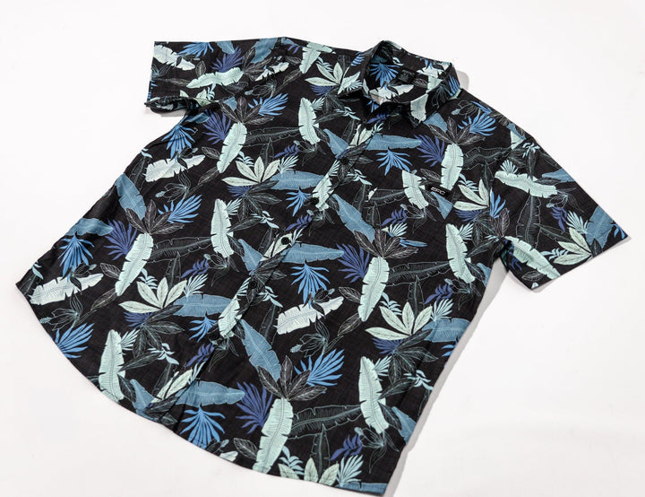 Navy Stack Button Down shirt by Everglades Fishing Co, featuring a casual fit and button front, displayed on a hanger.