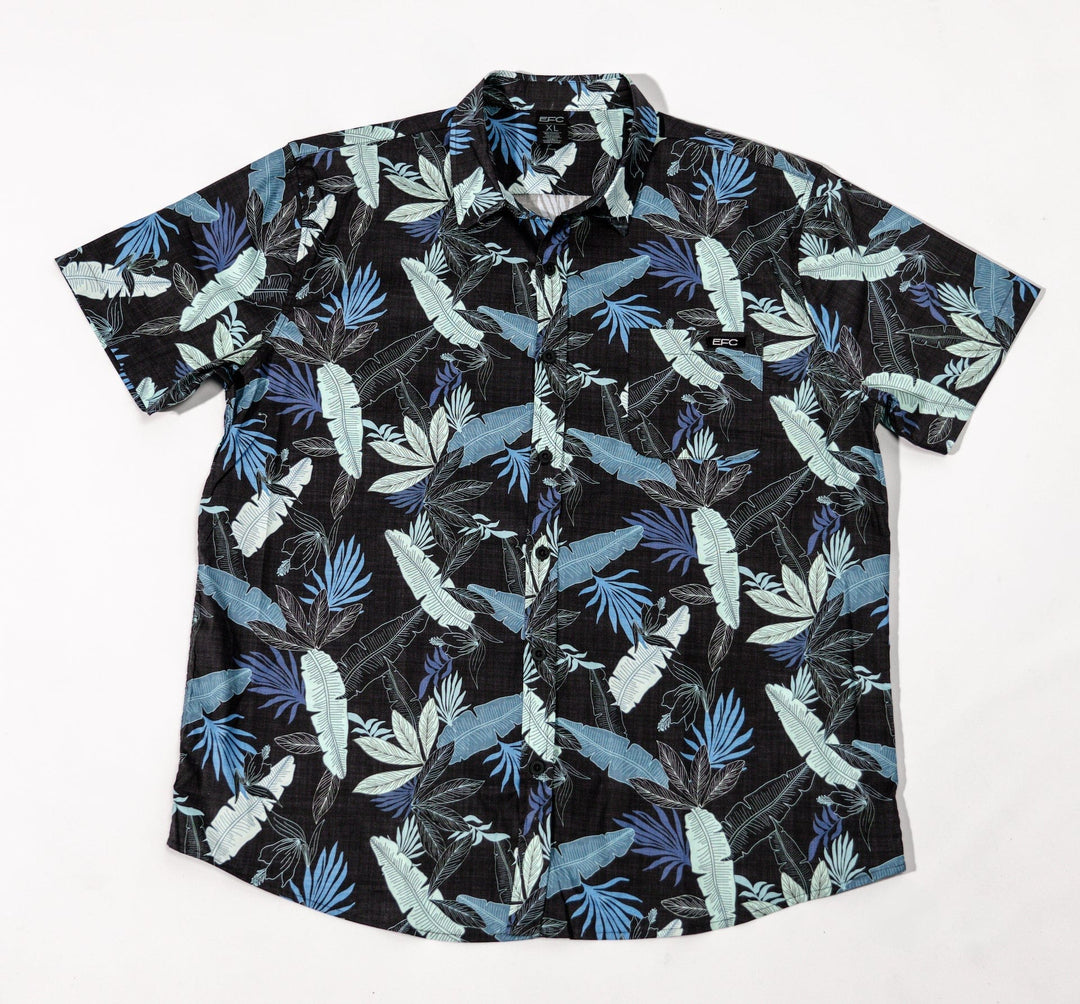 Navy button-down shirt from Everglades Fishing Co with a classic collar and long sleeves, displayed on a hanger.