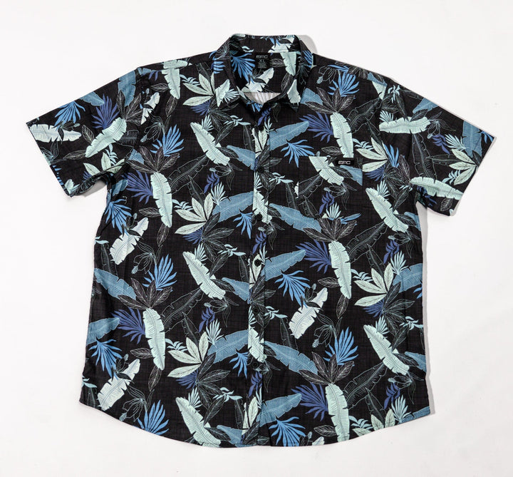 Navy button-down shirt from Everglades Fishing Co with a classic collar and long sleeves, displayed on a hanger.