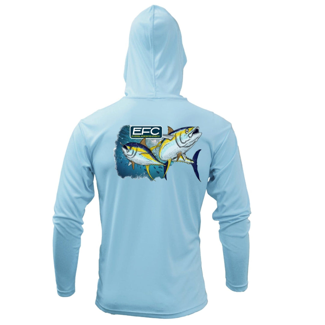 Everglades Fishing Co yellow and blue hooded performance shirt with moisture-wicking fabric, designed for fishing and outdoor activities.