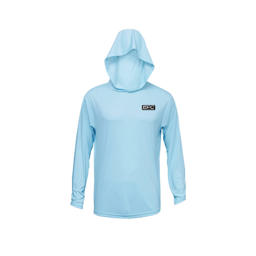 Yellowfin hooded performance shirt by Everglades Fishing Co, featuring a blue color and lightweight, moisture-wicking fabric for active wear.