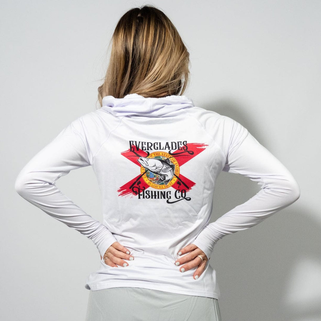 White women's performance hood shirt by Everglades Fishing Co, featuring a comfortable fit and lightweight fabric for outdoor activities.