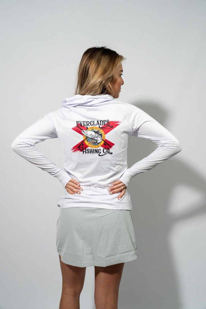 White women's performance hood shirt by Everglades Fishing Co, featuring a comfortable fit and breathable fabric for outdoor activities.