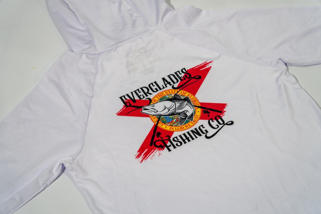 White women's performance hood shirt by Everglades Fishing Co, featuring a comfortable fit and moisture-wicking fabric.