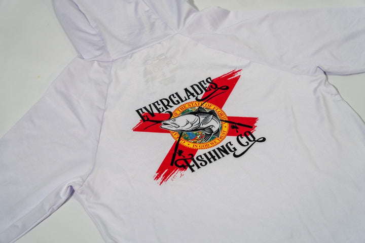 White women's performance hood shirt by Everglades Fishing Co, featuring a comfortable fit and moisture-wicking fabric.
