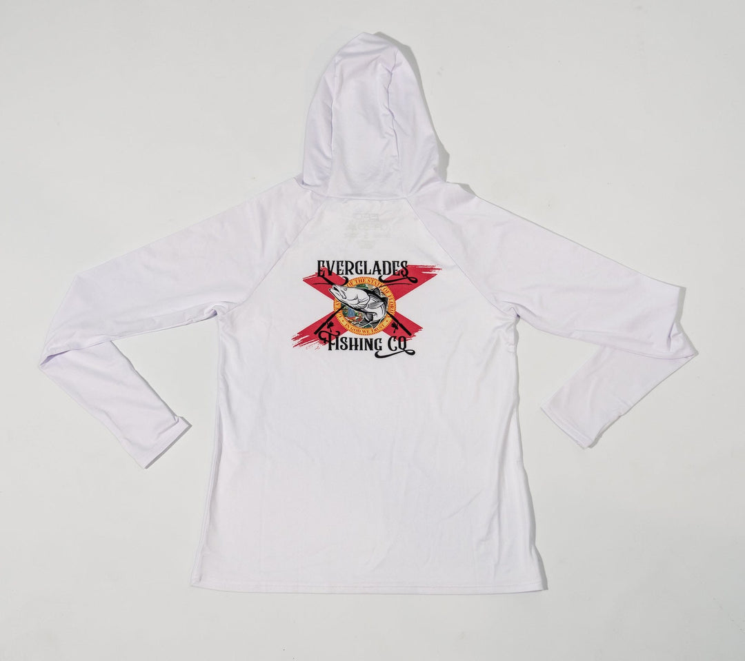 White women's performance hood shirt by Everglades Fishing Co, shown with lightweight fabric and hood for active outdoor wear.