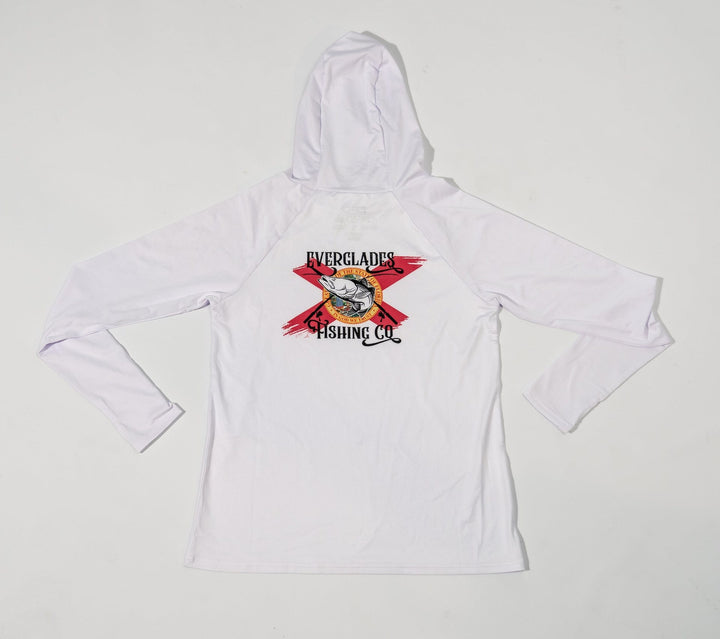 White women's performance hood shirt by Everglades Fishing Co, shown with lightweight fabric and hood for active outdoor wear.