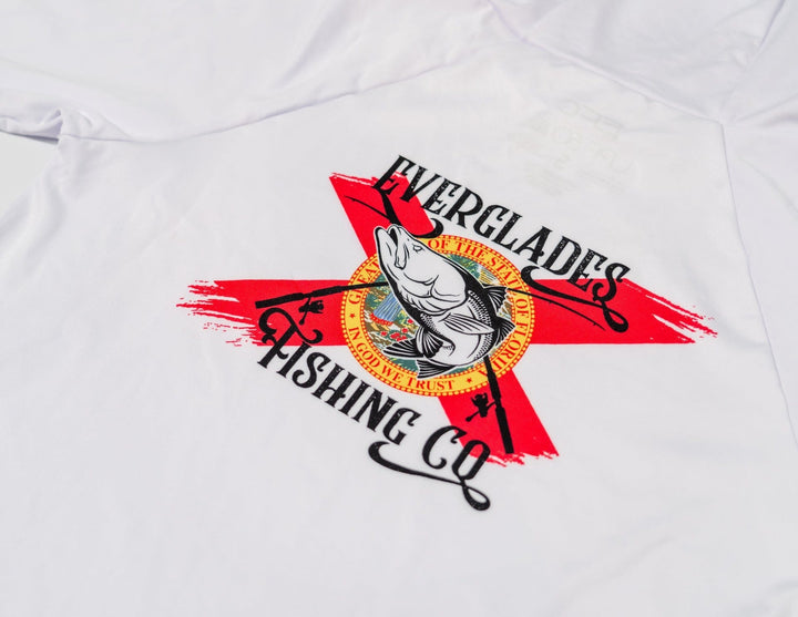 White women's performance hood shirt by Everglades Fishing Co, shown with a relaxed fit and moisture-wicking fabric.