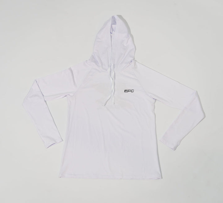 White women's performance hood shirt by Everglades Fishing Co, featuring lightweight fabric and a comfortable fit for outdoor activities.