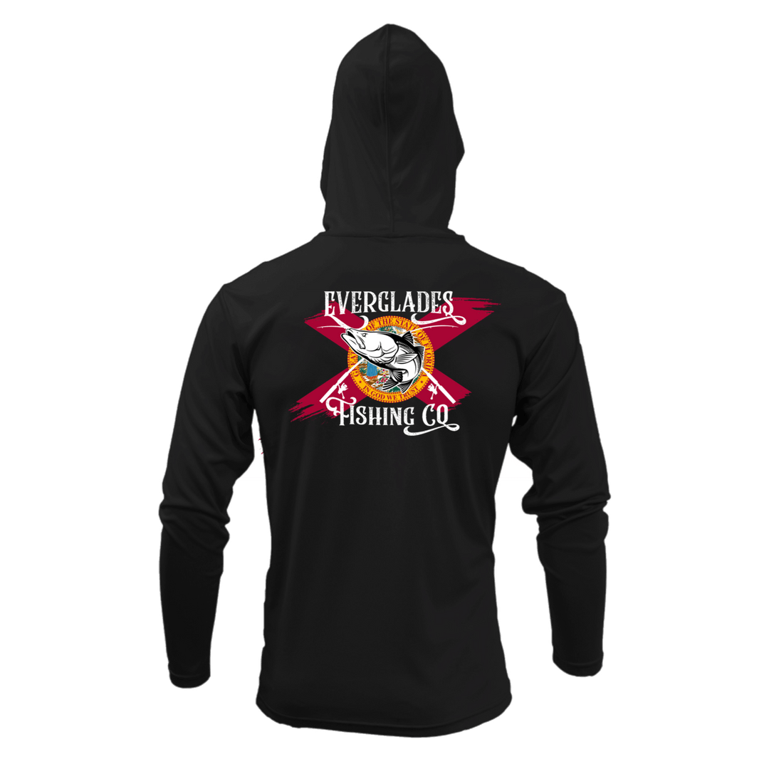 Black OG Hooded Performance Shirt by Everglades Fishing Co, featuring lightweight fabric and a comfortable hood for active wear.