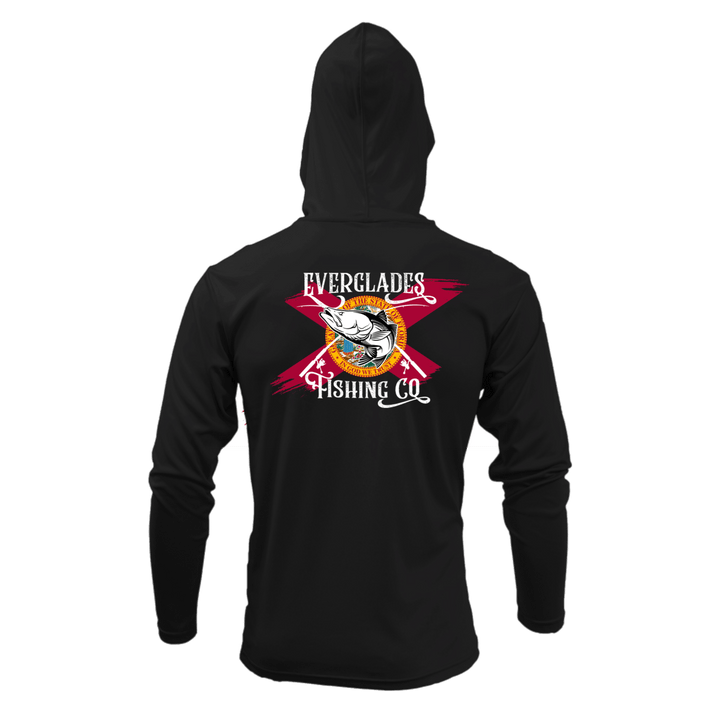 Black OG Hooded Performance Shirt by Everglades Fishing Co, featuring lightweight fabric and a comfortable hood for active wear.