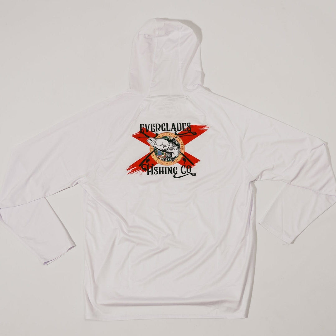 White OG Hooded Performance Shirt by Everglades Fishing Co, featuring lightweight fabric and a casual hooded design.